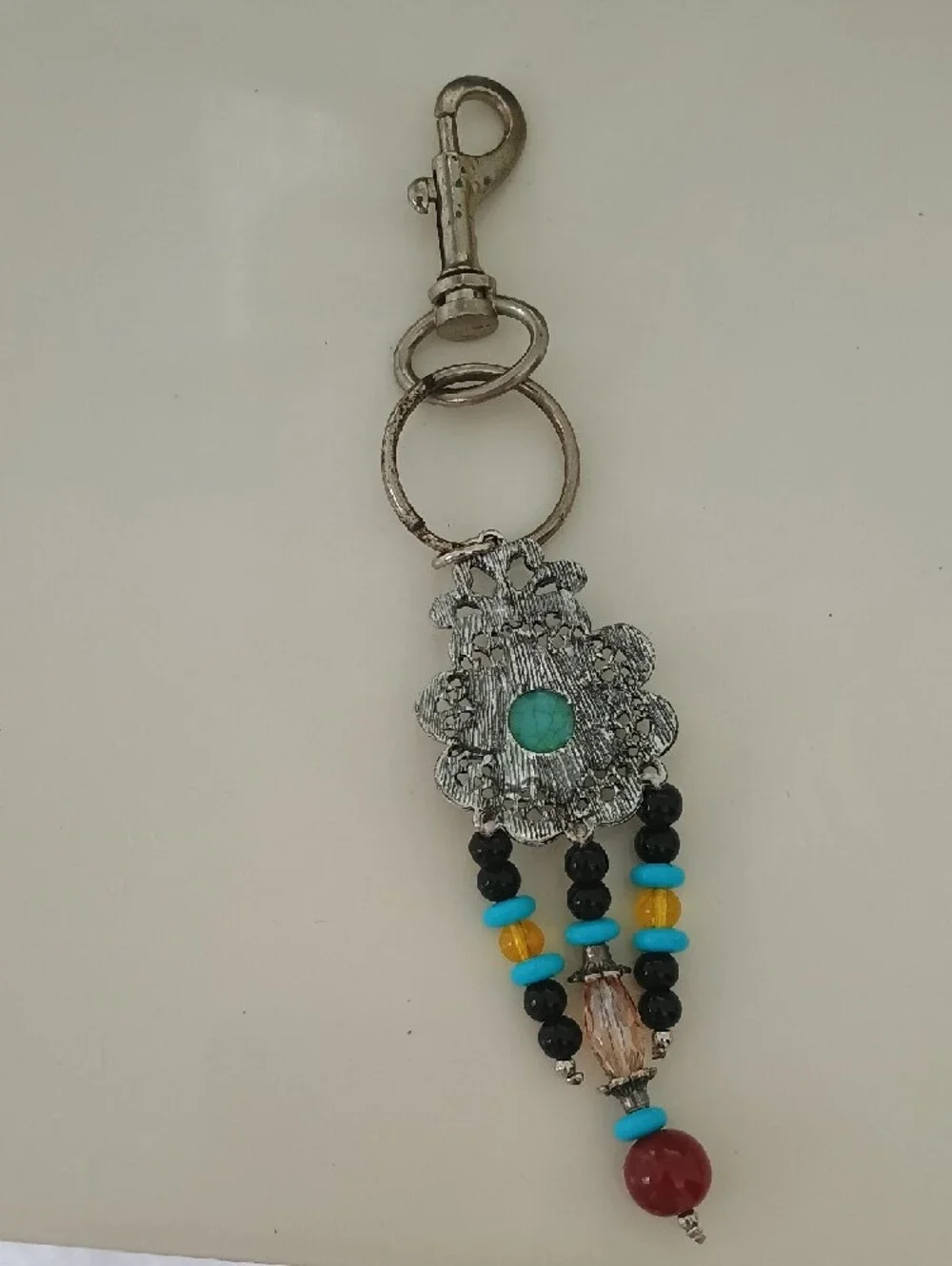 Boho Turquoise & Red Beaded Silver Keychain Charm